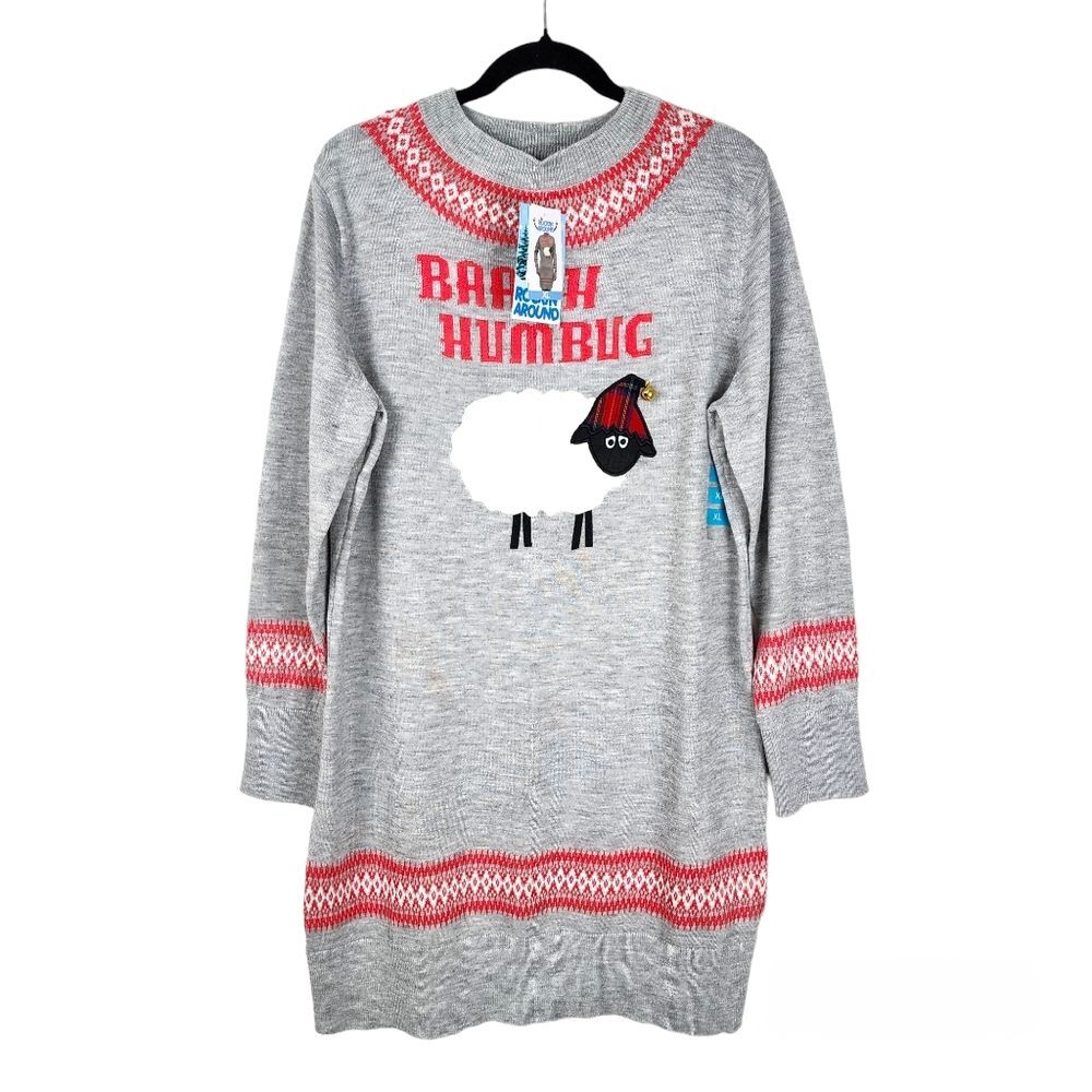 Rockin Around Ugly Sweater Christmas Dress Sweater Sheep Bell Gray Red Nordic XL